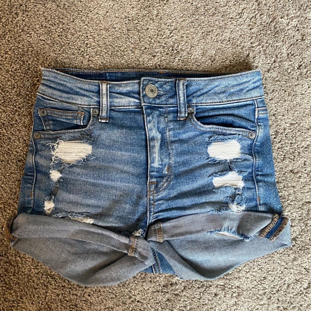 American eagle light blue ripped jean shorts